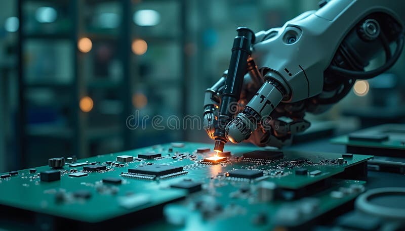 Scheda per circuiti di assemblaggio a mano Robot con ferraglia in un laboratorio futuristico illustrazione vettoriale