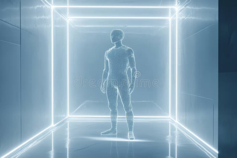 Scheda umana wireframe futuristica nello spazio Neon Lit Corridor illustrazione di stock