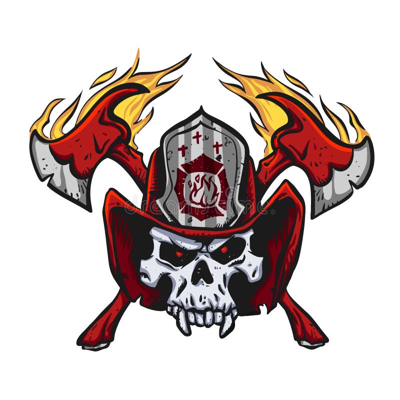 Schedel die brandweermanhelm, gekruiste assen dragen royalty-vrije illustratie Schedel die brandweermanhelm, gekruiste assen dragen royalty-vrije illustratie