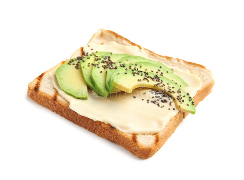 Scheibe brot mit Verbreitung und Avocado auf Weiß lizenzfreie stockfotos Scheibe brot mit Verbreitung und Avocado auf Weiß lizenzfreie stockfotos