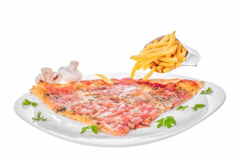 Scheibe der Pizza mit Pilzschinkenkäse und -pommes-Frites stockbilder Scheibe der Pizza mit Pilzschinkenkäse und -pommes-Frites stockbilder