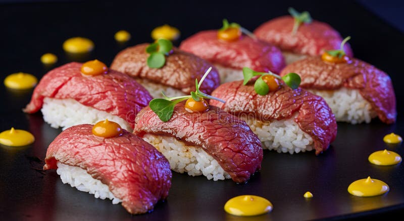 Scheiben aus gesägtem Rindfleisch werden auf Sushi-Reis platziert, der Nigiri-Sushi bildet, auf einem dunklen vektor abbildung