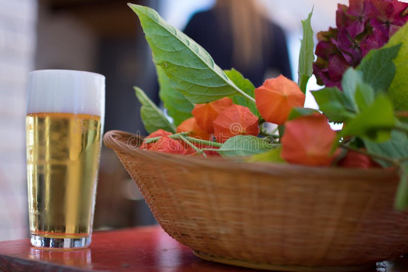 Scheidel, Luxemburg - 8. September 2018: Frisches Glas Bier nahe bei einem Korb mit Physalisfrucht lizenzfreie stockfotografie Scheidel, Luxemburg - 8. September 2018: Frisches Glas Bier nahe bei einem Korb mit Physalisfrucht lizenzfreie stockfotografie