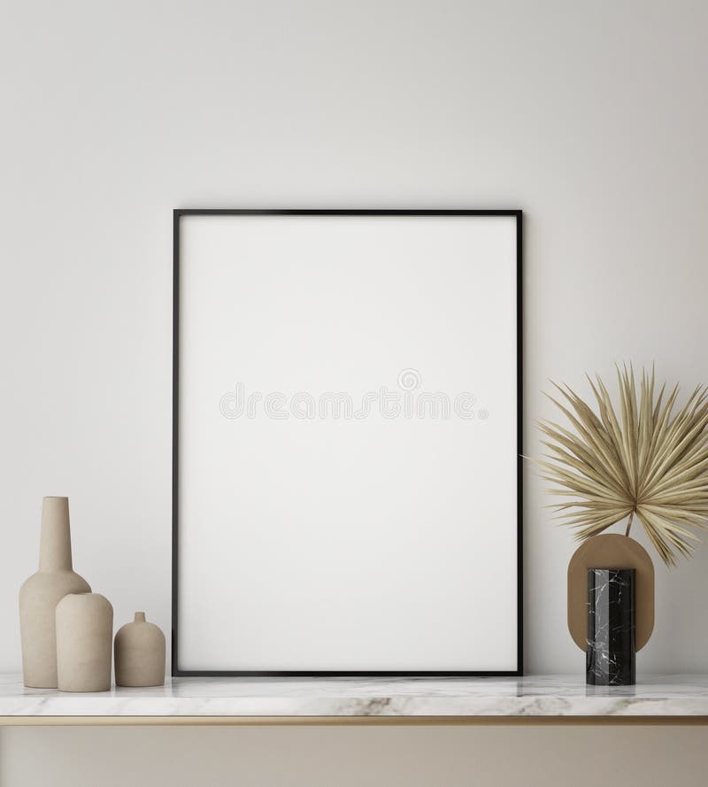 Scheinbarer Hoher Plakatrahmen im modernen Innenhintergrundabschluß die skandinavische Art 3d des Wohnzimmer übertragen stock abbildung