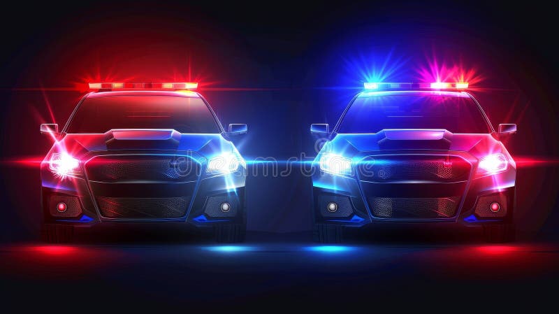 Police cars&#x27; headlights blinking with red and blue colors on transparent background. Modern illustration of emergency vehicles&#x27; headlamps illuminating a dark road at night.. AI generated. Police cars&#x27; headlights blinking with red and blue colors on transparent background. Modern illustration of emergency vehicles&#x27; headlamps illuminating a dark road at night.. AI generated