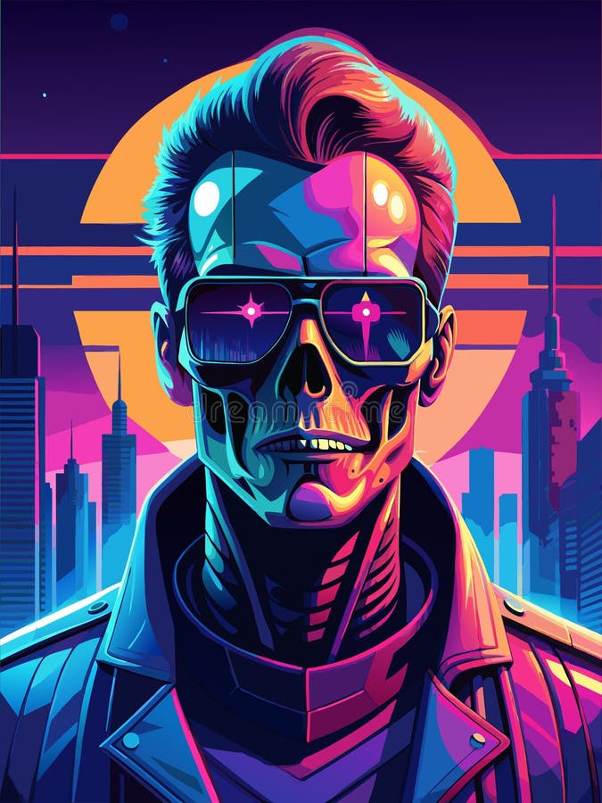 Scheleton cyberpunk în peisajul informatic futurist cu ochelari de soare retro royalty free illustration