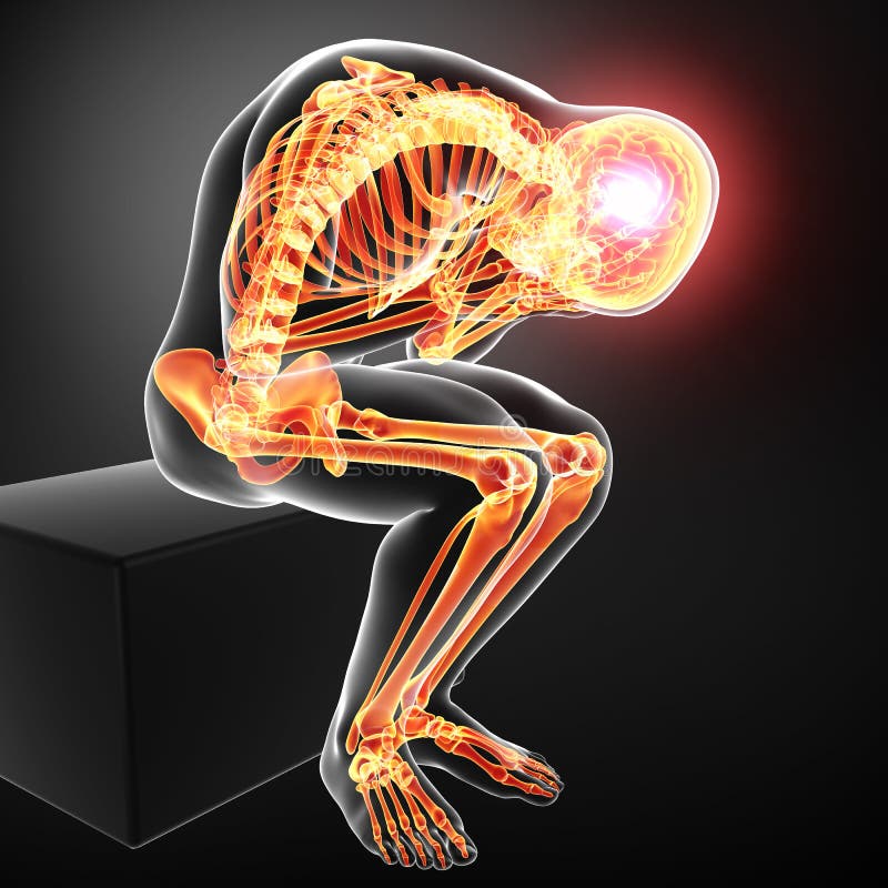 Scheletro evidenziato del corpo maschio con l'emicrania illustrazione vettoriale Scheletro evidenziato del corpo maschio con l'emicrania illustrazione vettoriale