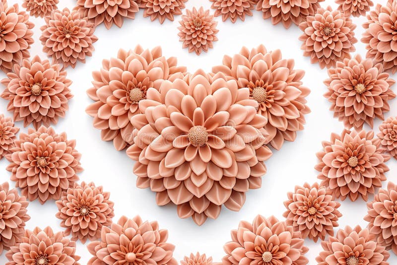 Schema del fiore del cuore salmoncolato 3D con foglie simmetriche. Design simmetrico di fiori a forma di cuore salmoncolati con foglie convergenti che creano uno schema visivo