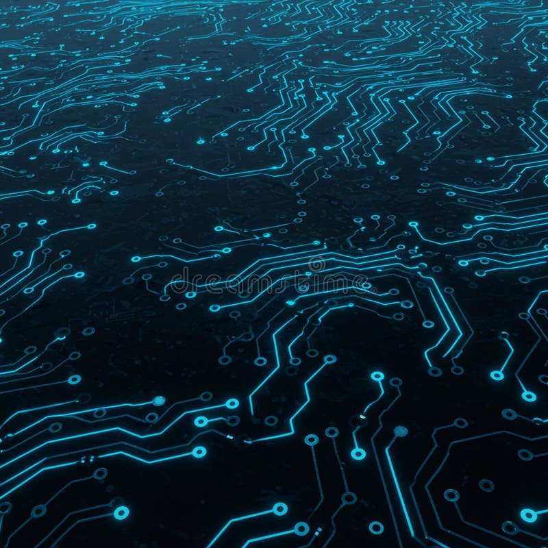 Schema della scheda a circuito con linee blu luminose e nodi circolari che creano un futuristico illustrazione di stock