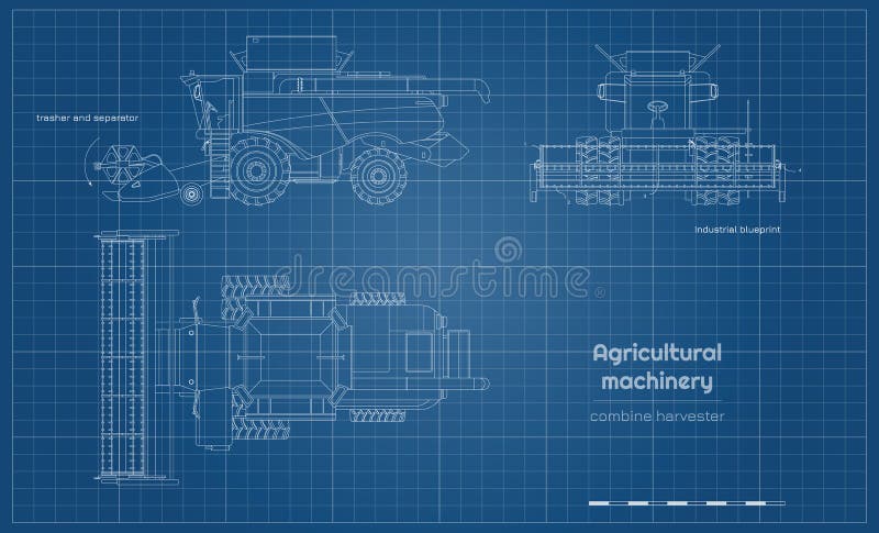 Schema di struttura della raccolta combinata Vista laterale, anteriore e superiore delle macchine agricole Disegno industriale illustrazione di stock