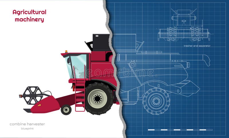 Schema di struttura della raccolta combinata Vista laterale delle macchine agricole Veicolo agricolo Disegno 3d industriale illustrazione vettoriale