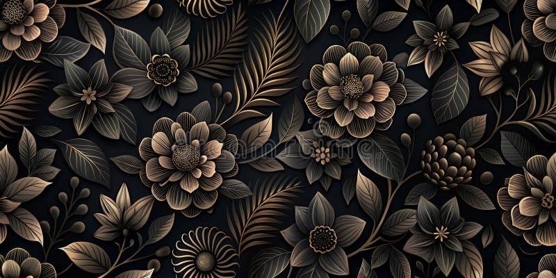 Schema floreale scuro elegante con accenti dorati, un design botanico lussuoso per tessuti e carta da parati. Generative AI. Un'opera d'arte digitale di eleganza scura a forma di floreale scuro con accenti dorati un design botanico lussuoso per tessuti e carta da parati.
