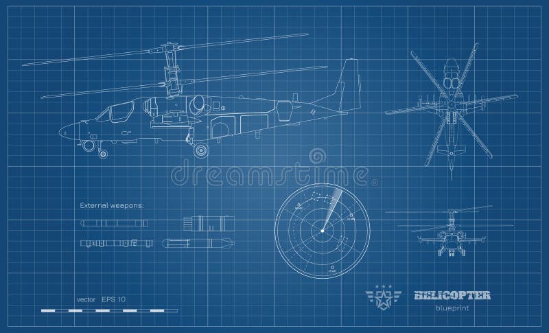 Schema generale dell'elicottero militare Vista laterale, superiore e anteriore del veicolo aereo armato Immagine industriale con illustrazione vettoriale