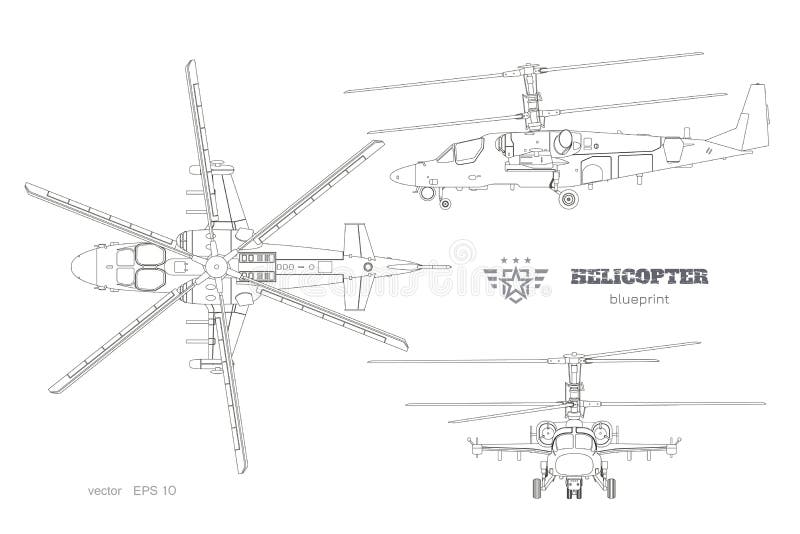 Schema generale dell'elicottero militare Vista superiore, laterale e anteriore del veicolo aereo armato Immagine isolata industri illustrazione vettoriale