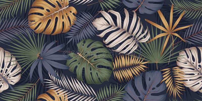 Schema multicolore uniforme con piante esotiche tropicali foglie di monstera e palme composizione botanica esotica in trendy