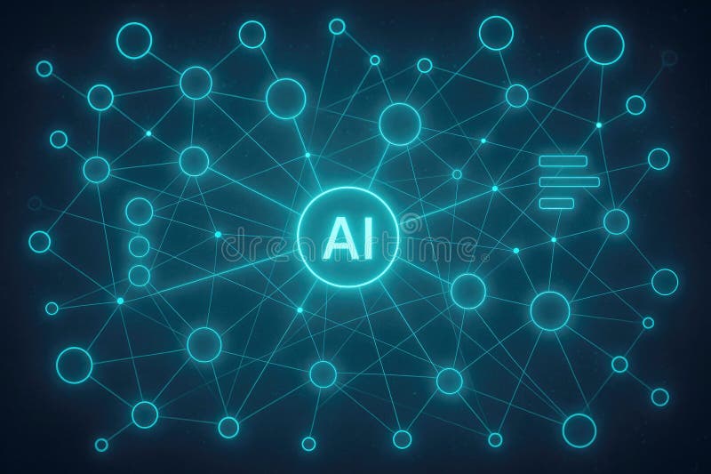 AI Network Diagram with Connected Circles and Glowing Teal Lines artificial intelligence vector illustration