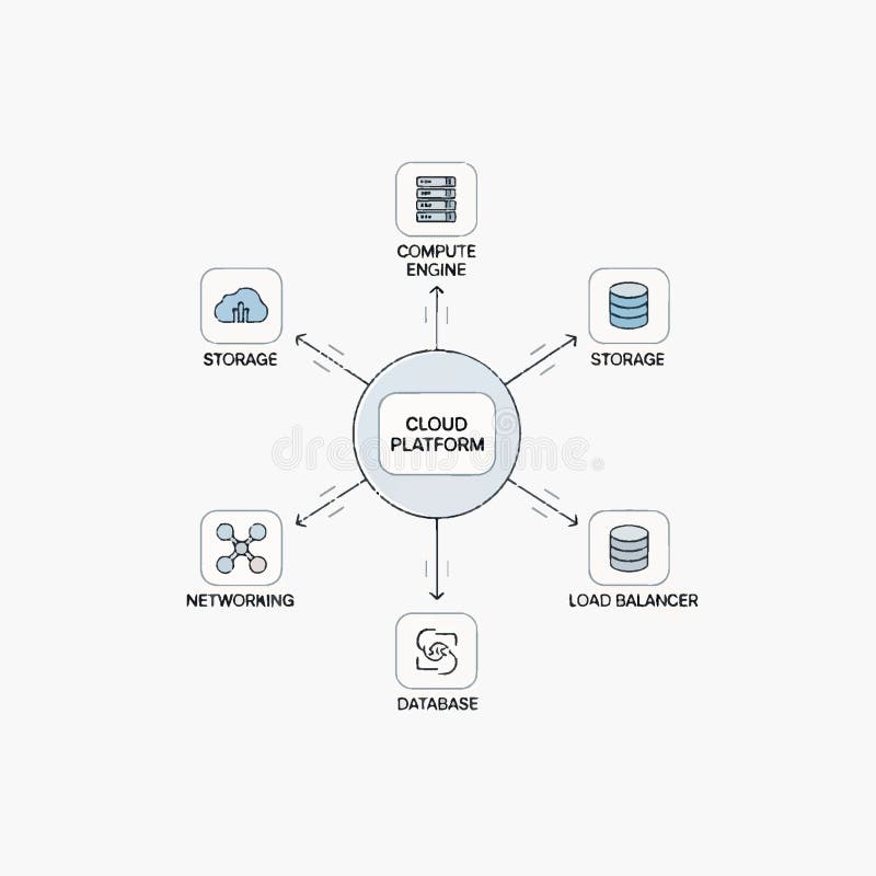 Cloud Platform Services Architecture Diagram IaaS Components Storage Compute Engine Networking Load Balancing and Database Configu stock illustration