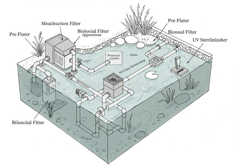 Schematic Illustration of a Koi Pond Filtration System. Key ...