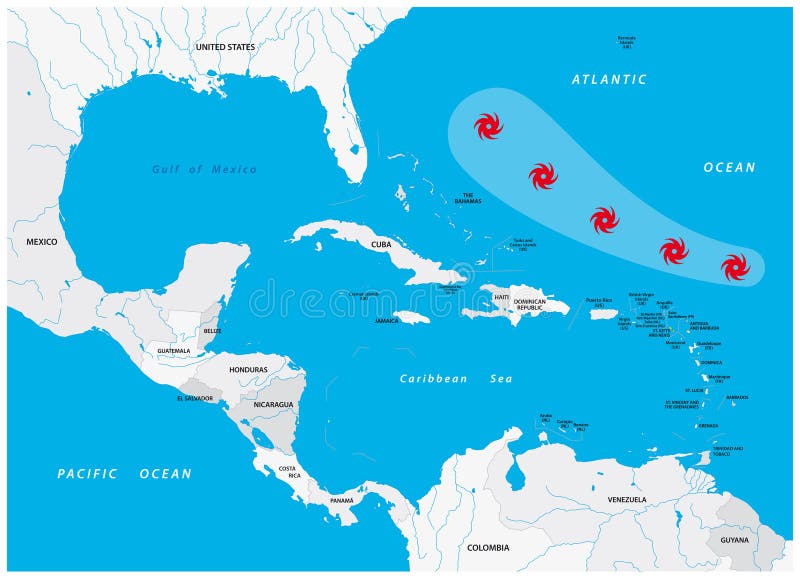 Schematic vector map of a fictional hurricane in North and Central America vector illustration