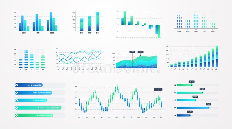 Schematy histogramu. szablon infograficzny dla firm z wykresami giełdowymi i liniami pasków statystycznych oraz wykresami dla