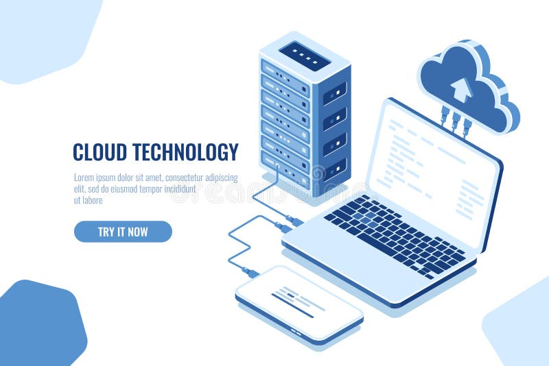 The scheme of data transmission, isometric secure connection, cloud computing, server room, datacenter and database vector illustration