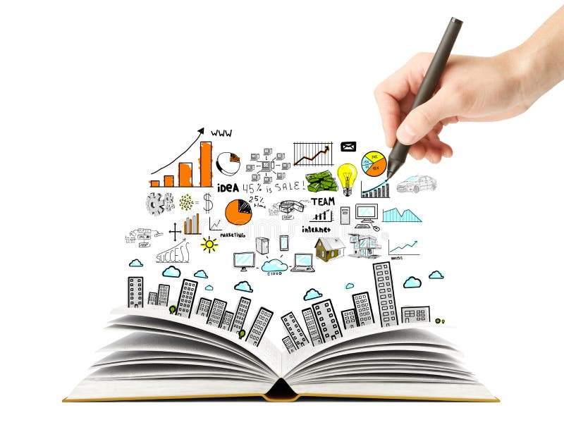 Hand drawing business scheme and open book. Diagram marketing research concept stock images, royalty-free photos and pictures