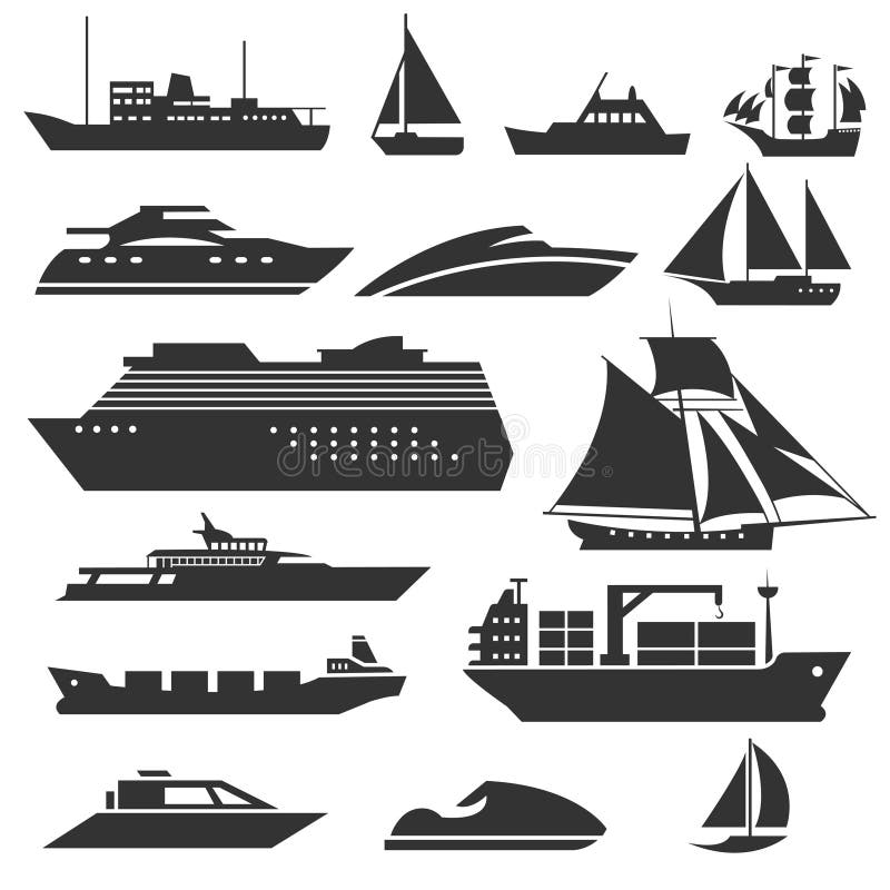 Schepen en botenpictogrammen Aak, cruiseschip, verschepende vissersboot vectortekens