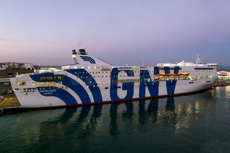 Tunisia.Tunisia.May 25, 2017. ships and ferries GNV in the port of La Gullet in Tunisia at sunset. Tunisia.Tunisia.May 25, 2017. ships and ferries GNV in the port of La Gullet in Tunisia at sunset.