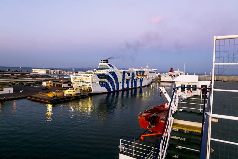 Tunisia.Tunisia.May 25, 2017. ships and ferries GNV in the port of La Gullet in Tunisia at sunset. Tunisia.Tunisia.May 25, 2017. ships and ferries GNV in the port of La Gullet in Tunisia at sunset.
