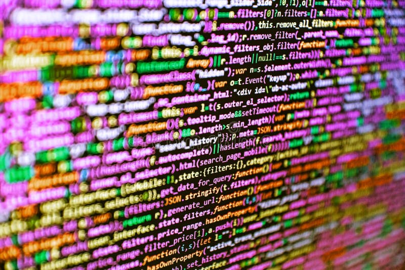 Schermata di codice dello script di linguaggio di programmazione. Occupazione del programmatore. Effetto basso della profondità di immagini stock