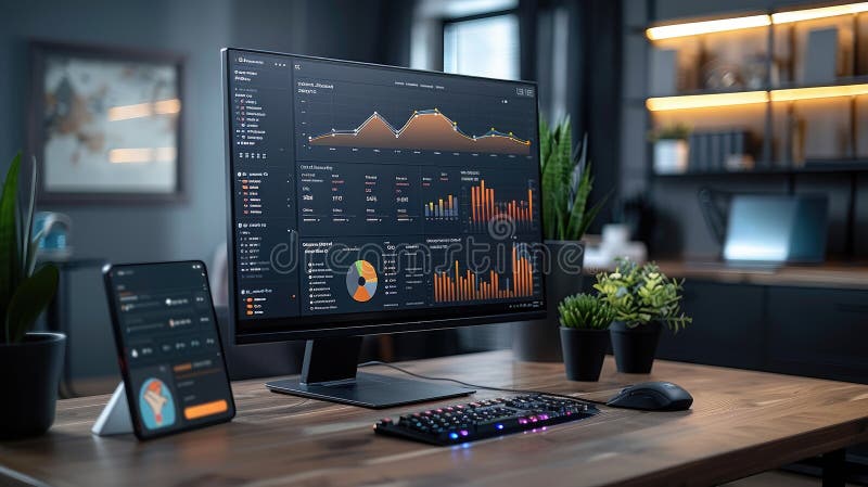Schermate multiple di computer presenti su un tavolo che mostrano una colorata analisi e statistiche dei dati che riflettono l'amb illustrazione vettoriale
