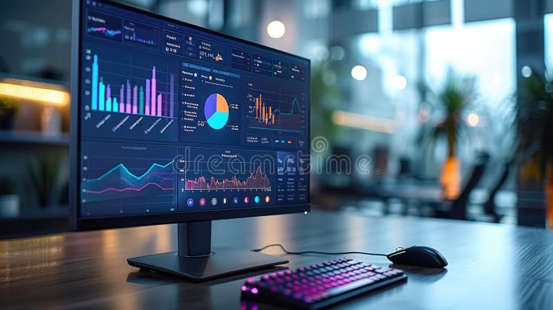 Schermate multiple di computer presenti su un tavolo che mostrano una colorata analisi e statistiche dei dati che riflettono l'amb illustrazione di stock