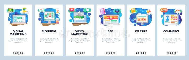 Schermi onboarding del app mobile Acquisto online, seo e vendita digitale, video blogging Modello dell'insegna di vettore del men illustrazione di stock