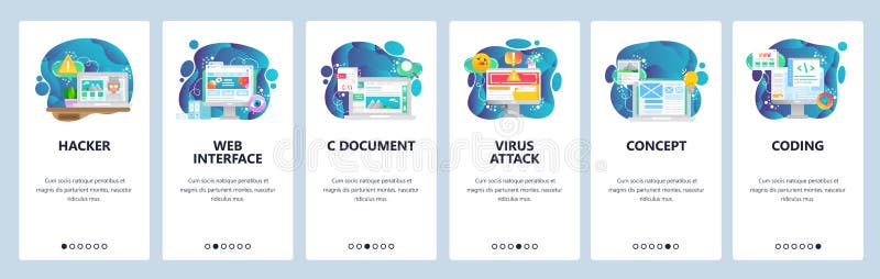 Schermi onboarding del app mobile Web e sviluppo di software Sicurezza cyber, codifica, attacco del virus Insegna di vettore del illustrazione vettoriale Schermi onboarding del app mobile Web e sviluppo di software Sicurezza cyber, codifica, attacco del virus Insegna di vettore del illustrazione vettoriale