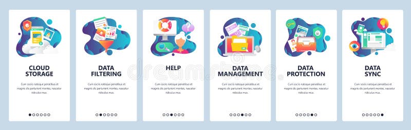 Schermi onboarding del sito Web Computer e servizi di Internet, stoccaggio della nuvola e sincronizzazione dei dati Modello dell' illustrazione vettoriale Schermi onboarding del sito Web Computer e servizi di Internet, stoccaggio della nuvola e sincronizzazione dei dati Modello dell' illustrazione vettoriale
