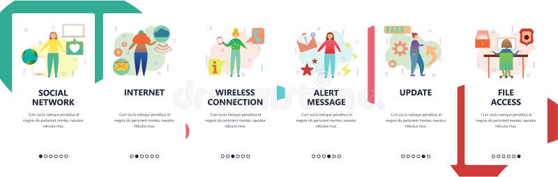 Schermi onboarding del sito Web Rete sociale, collegamento a Internet senza fili, accesso dell'archivio ed aggiornamento Insegna illustrazione vettoriale Schermi onboarding del sito Web Rete sociale, collegamento a Internet senza fili, accesso dell'archivio ed aggiornamento Insegna illustrazione vettoriale