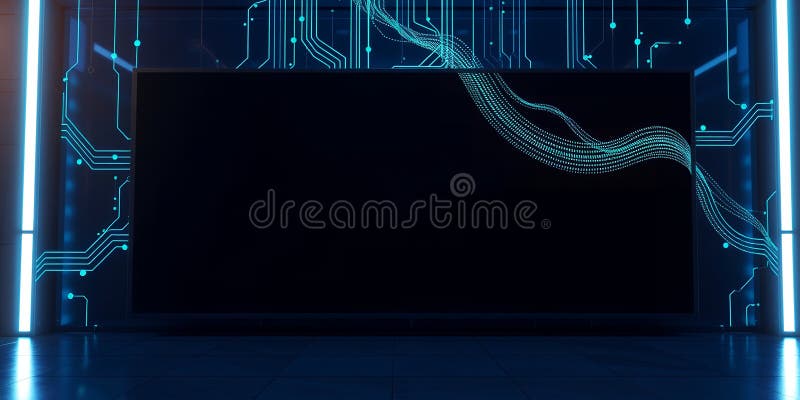 Schermo bianco circondato da luci blu di neon e da decorazioni per circuiti digitali royalty illustrazione gratis