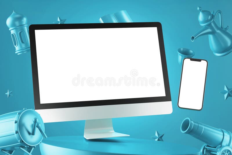 Schermo isolato smartphone e monitor computer schermo isolato sullo schema blu mobile composizione astratta 3d rendering creativo fotografia stock