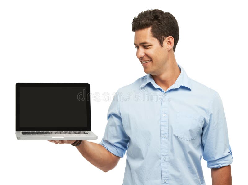 Schermo portatile maschile e sorriso in studio con l'attenzione dello spazio e il controllo dell'ui su sfondo bianco. dipendente fotografia stock libera da diritti