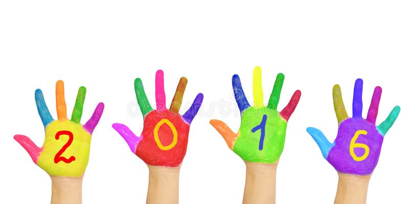Scherza le mani variopinte che formano il numero 2016 fotografia stock Scherza le mani variopinte che formano il numero 2016 fotografia stock