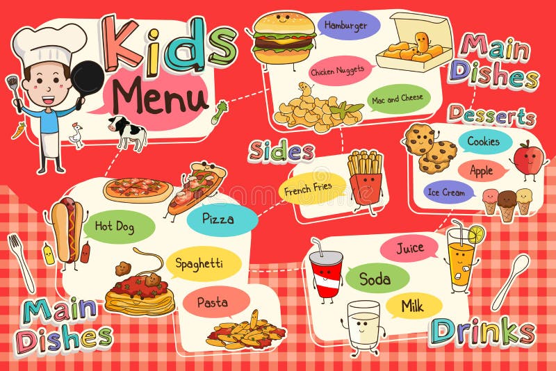 A vector illustration of colorful kids meal menu. A vector illustration of colorful kids meal menu