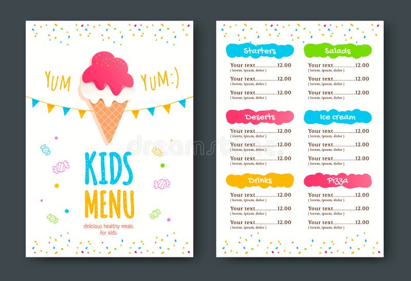 Kids menu vector template with ice cream. Kids menu vector template with ice cream.