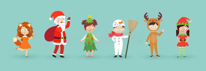 Kids wearing Christmas costumes. Funny and cute carnival kids set. Vector illustration. Kids wearing Christmas costumes. Funny and cute carnival kids set. Vector illustration.