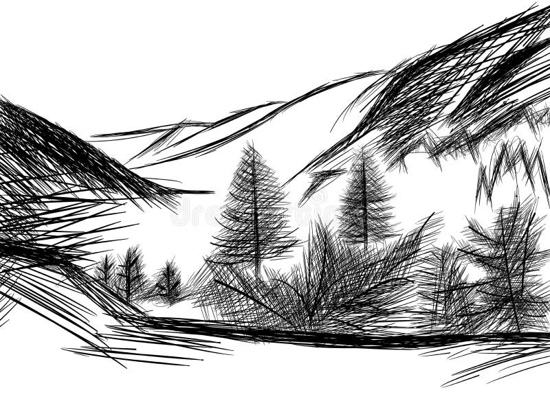 Schets van berglandschap in zwart-wit vector illustratie Schets van berglandschap in zwart-wit vector illustratie
