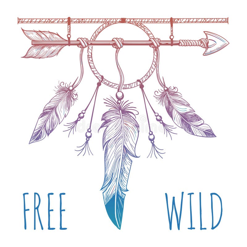 Sketch of native american accessoriy with arrow and feathers and sign free wild. Vector illustration. Sketch of native american accessoriy with arrow and feathers and sign free wild. Vector illustration