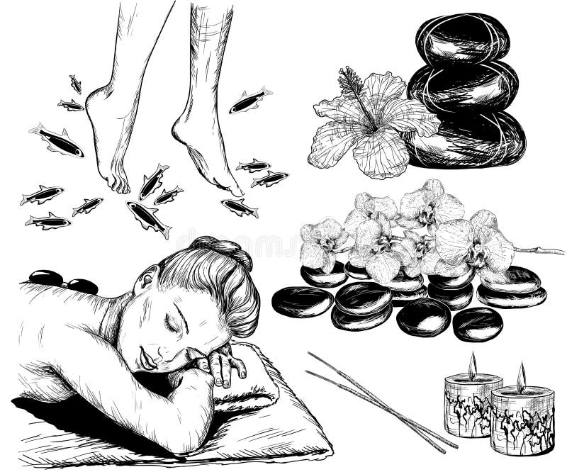 Schets van Schoonheid en gezondheidszorgreeks, kuuroordbehandeling en vissenpedi vector illustratie Schets van Schoonheid en gezondheidszorgreeks, kuuroordbehandeling en vissenpedi vector illustratie