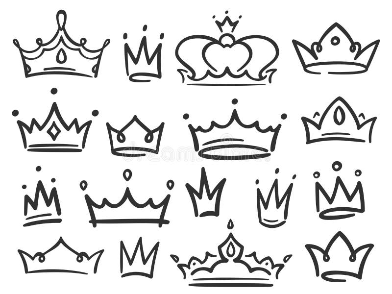 Schetskroon Het eenvoudige graffiti bekronen, de elegante koningin of de koningskronen overhandigen getrokken vectorillustratie