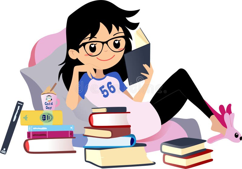 Schickes Mädchen, das ein Buch liest Schwarzes Haar netter Vektorclipart Frau mit Gläsern