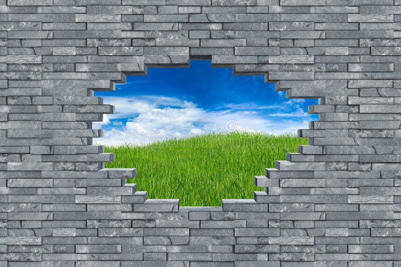 Gray slate stone rock wall with breakthrough hole texture breakout freedom concept in front of green meadow landscape background. Gray slate stone rock wall with breakthrough hole texture breakout freedom concept in front of green meadow landscape background