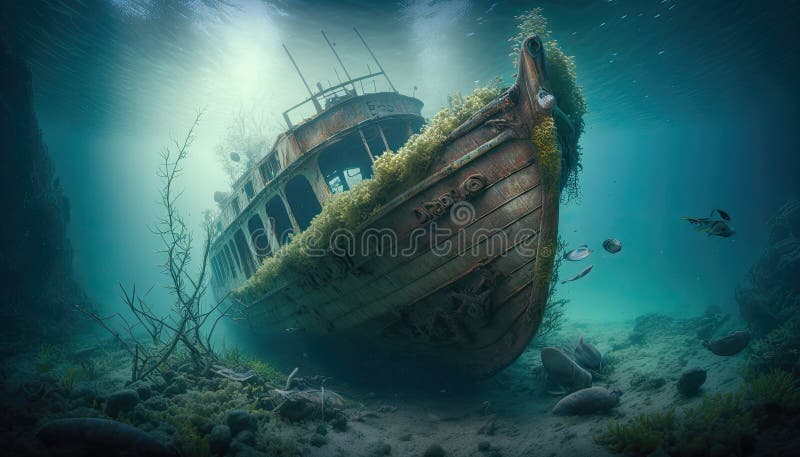 Schiffswrack Im Meer. Piratenboot Unter Dem Ozean. Verfallene Reste Mit